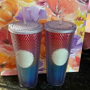 (2)Starbucks limited edition rainbow tumbler 24 oz studded cup with straw NWT